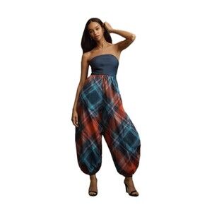 Anthropologie Strapless Plaid Jumpsuit - Blue and Red